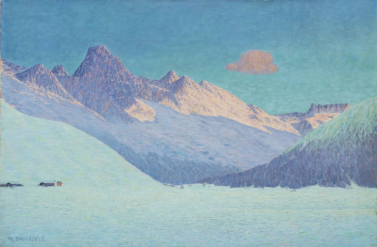 A painting of snow-covered mountains in pale blue and rose light above the town of Davos.