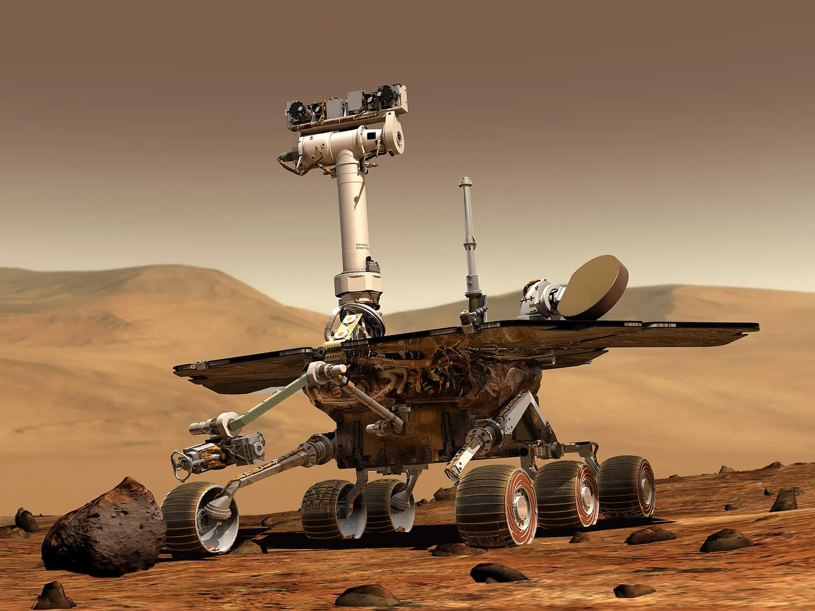 An illustration of a NASA rover on the dusty, rust-coloured surface of Mars.