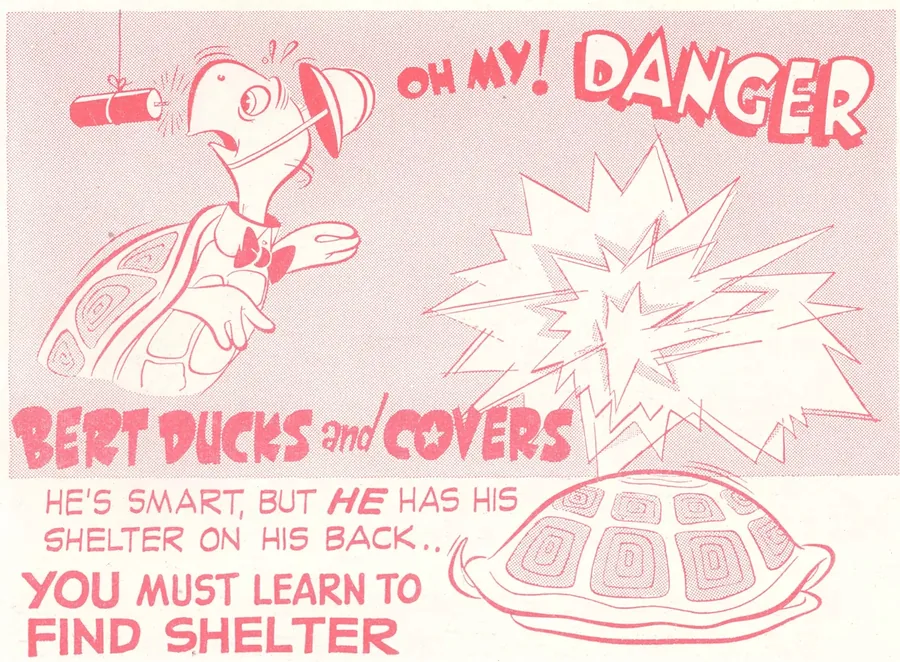 A cartoon turtle in a helmet-like shell ducking into its shell.